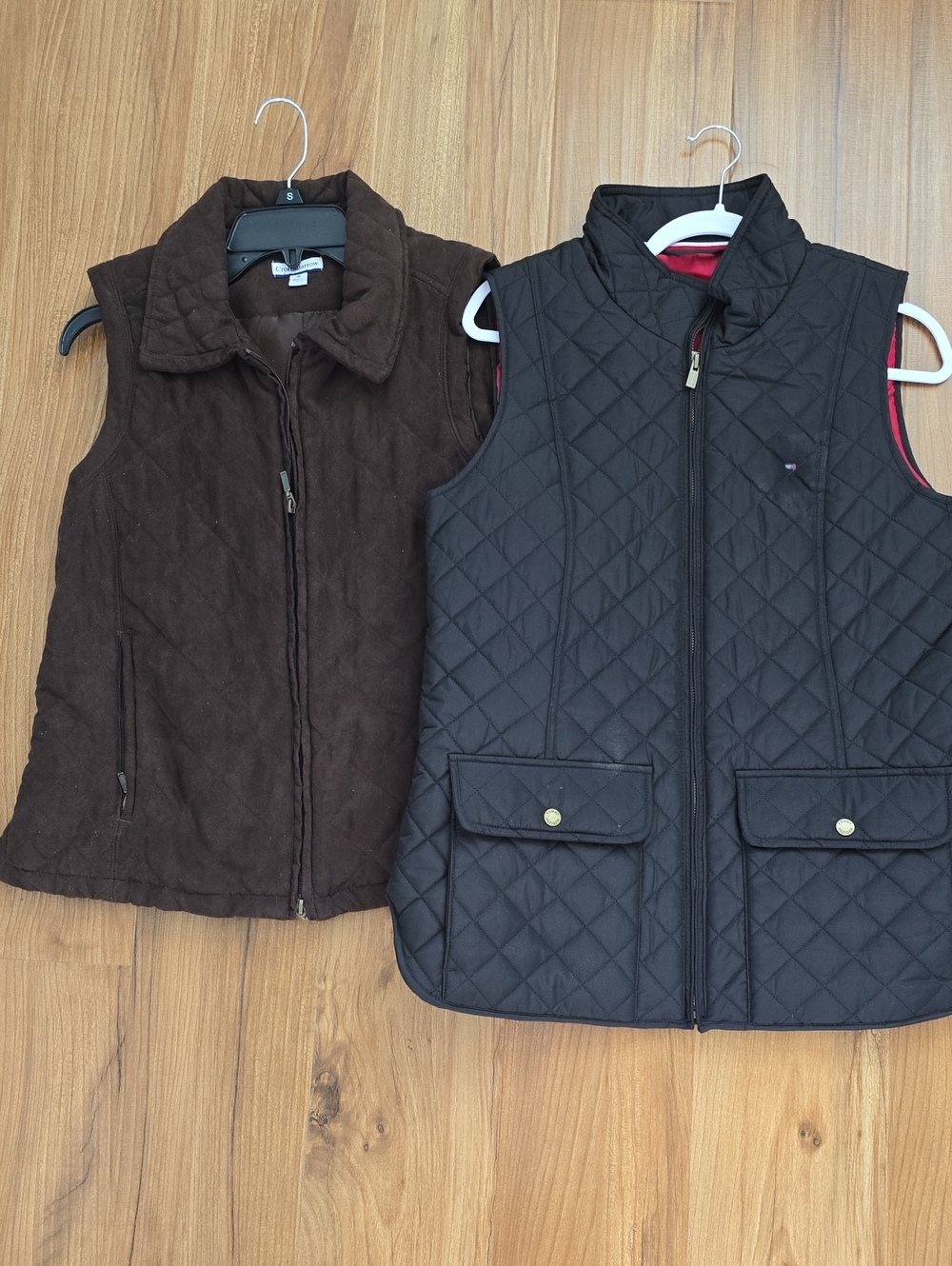 Womens Quilted Black Vest with Red Lining - Tommy Hilifiger and brown vest.